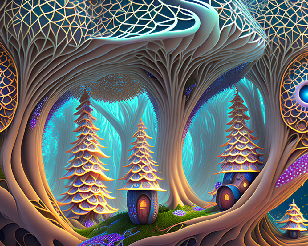 Vividly colored forest landscape with stylized trees and glowing elements