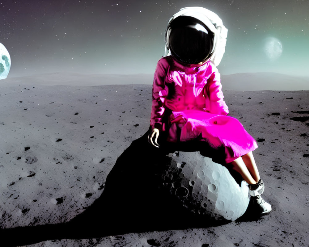 Pink spacesuit astronaut on lunar surface with Earth backdrop.