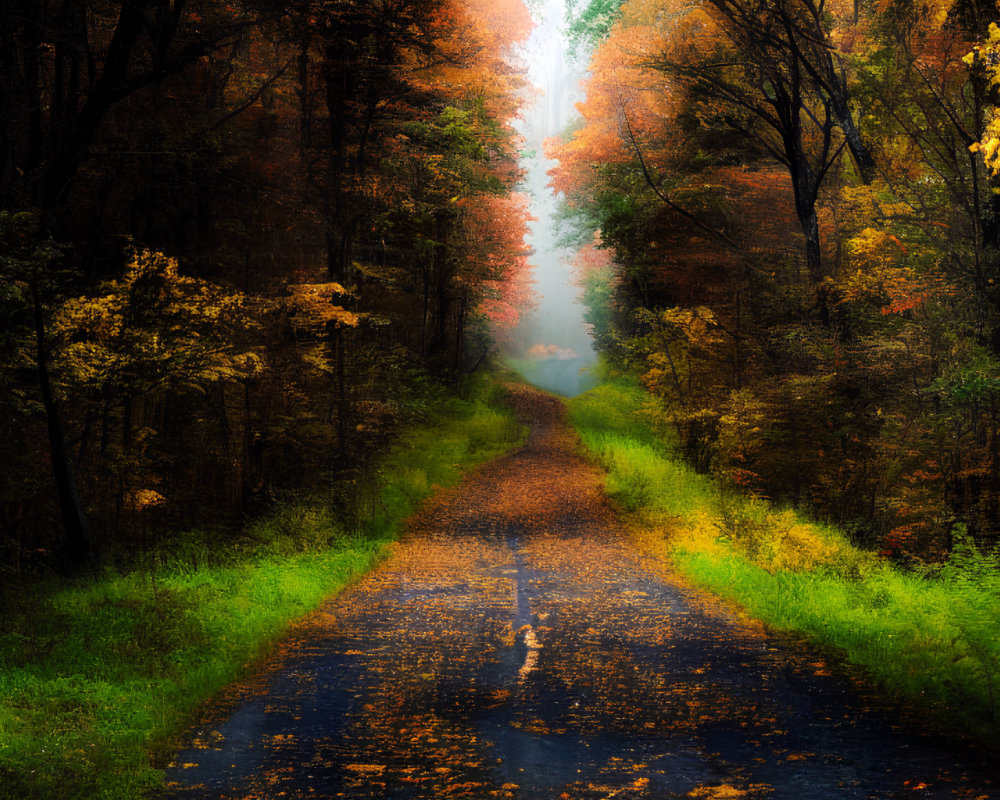 Tranquil Autumn Forest Path with Mist and Colorful Leaves