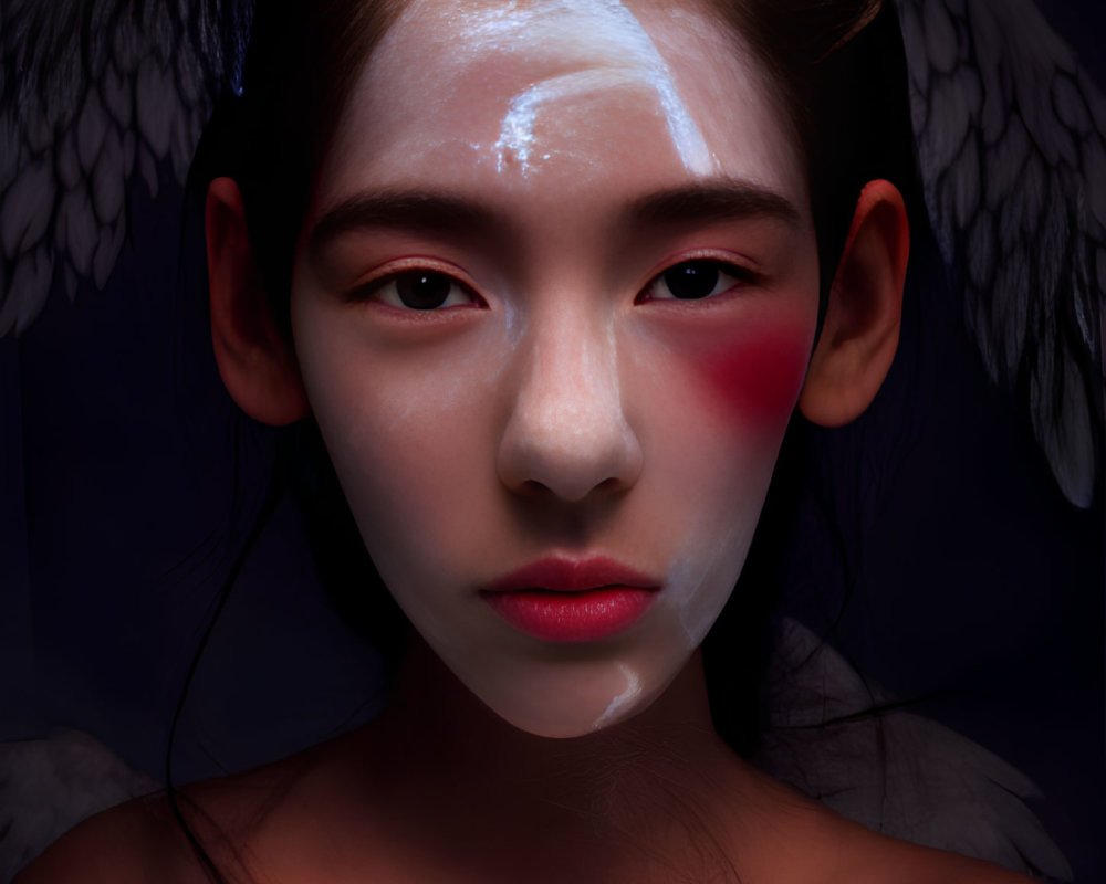 Portrait of a person with angel wings and dramatic makeup on dark background