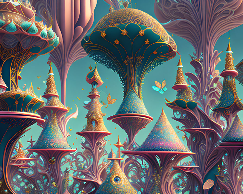 Colorful fantasy landscape with mushroom structures and butterflies