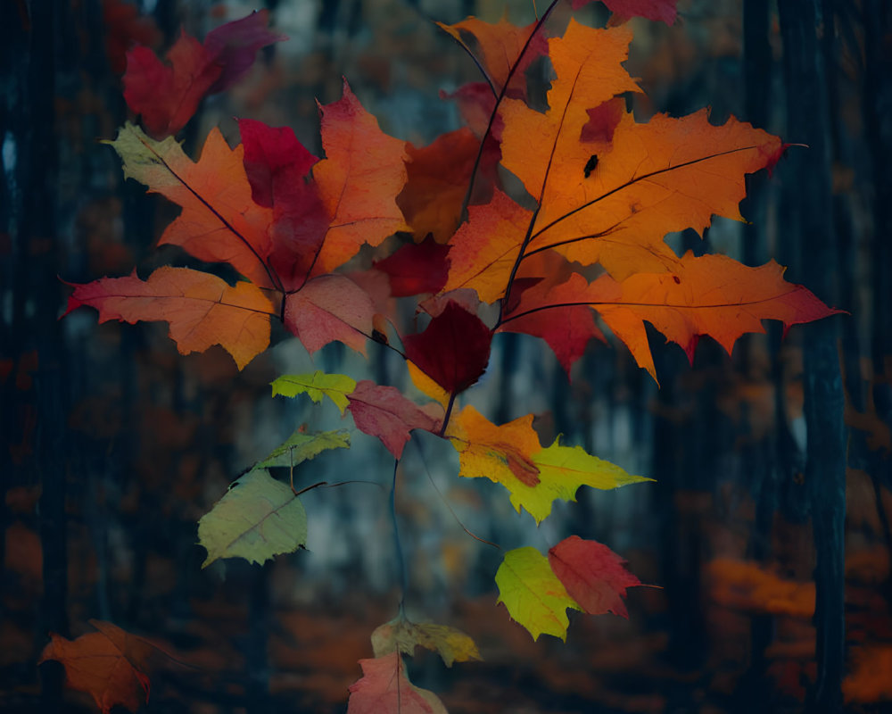 Colorful Autumn Leaves Against Dark Forest Backdrop