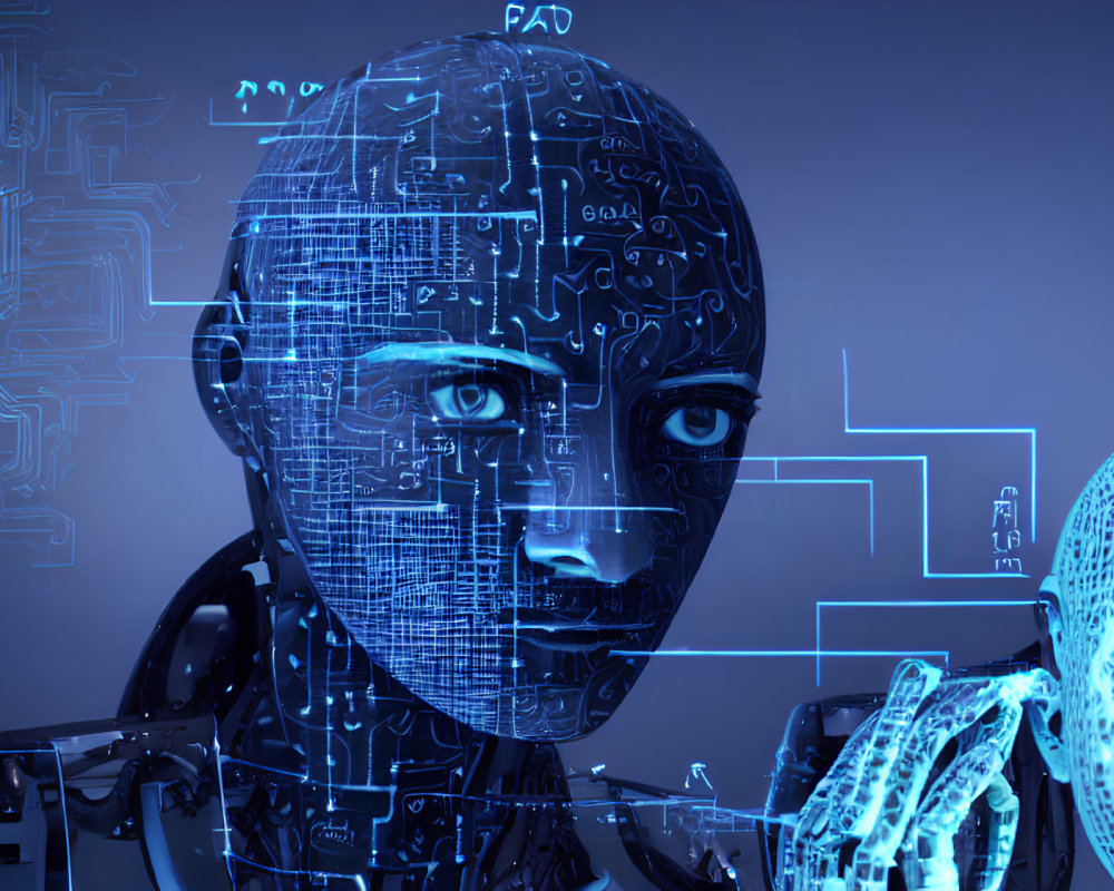 Digital art: humanoid robots with circuit patterns on faces on blue futuristic background