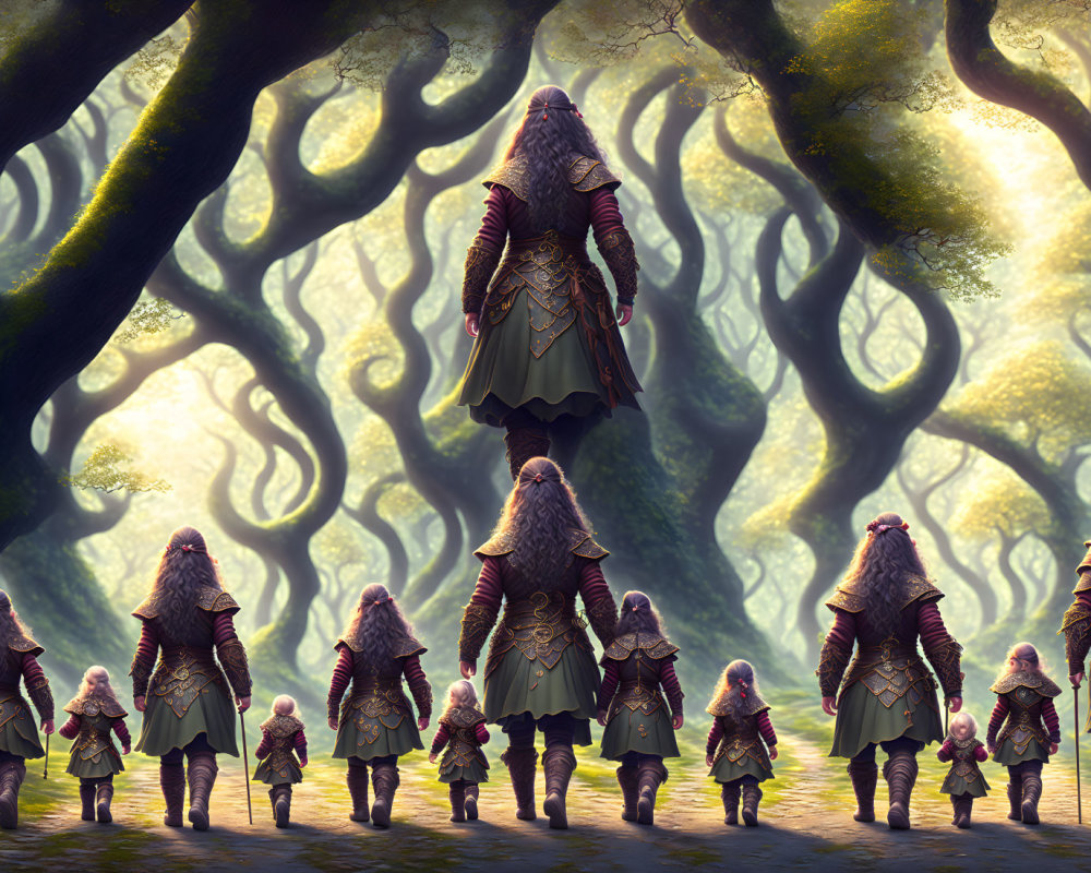 Cloaked Figures in Ethereal Forest with Twisted Trees