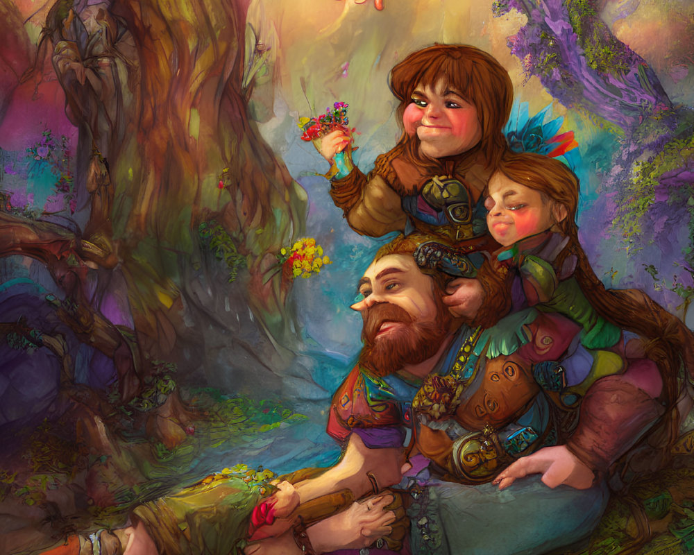 Fantasy family in enchanted forest with wings and bearded man