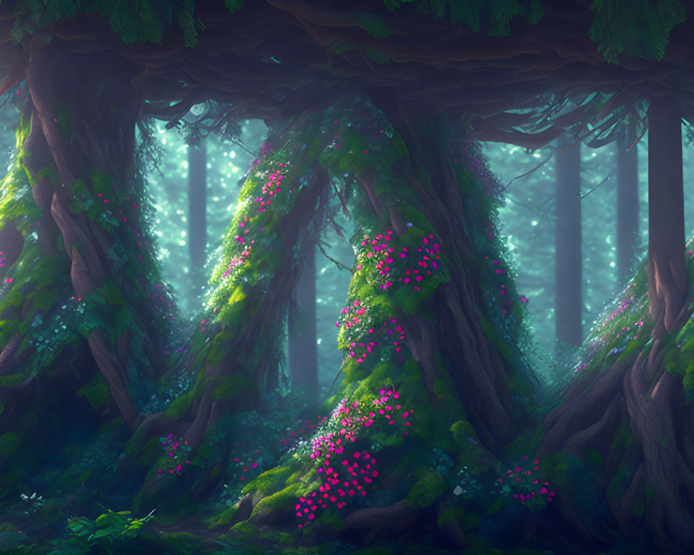 Moss-covered trees and pink flowers in mystical forest scene