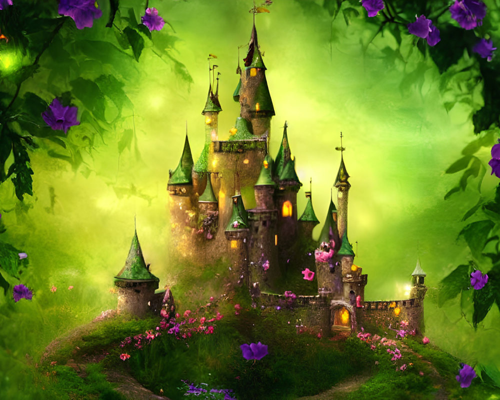 Enchanting castle in luminous forest with purple flowers & glowing orbs