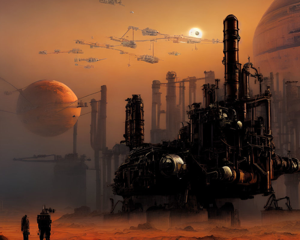 Sci-fi desert planet with industrial structures, hovering spaceships, and figures.