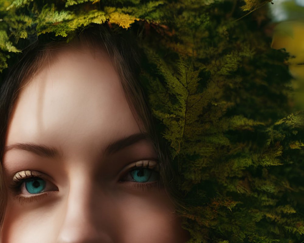 Woman with Striking Blue Eyes Peeking Through Fern Leaves