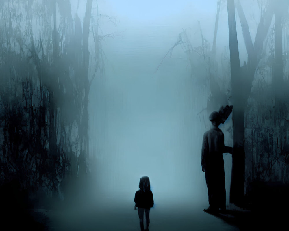 Child standing on foggy path with shadowy figures and silhouetted trees.