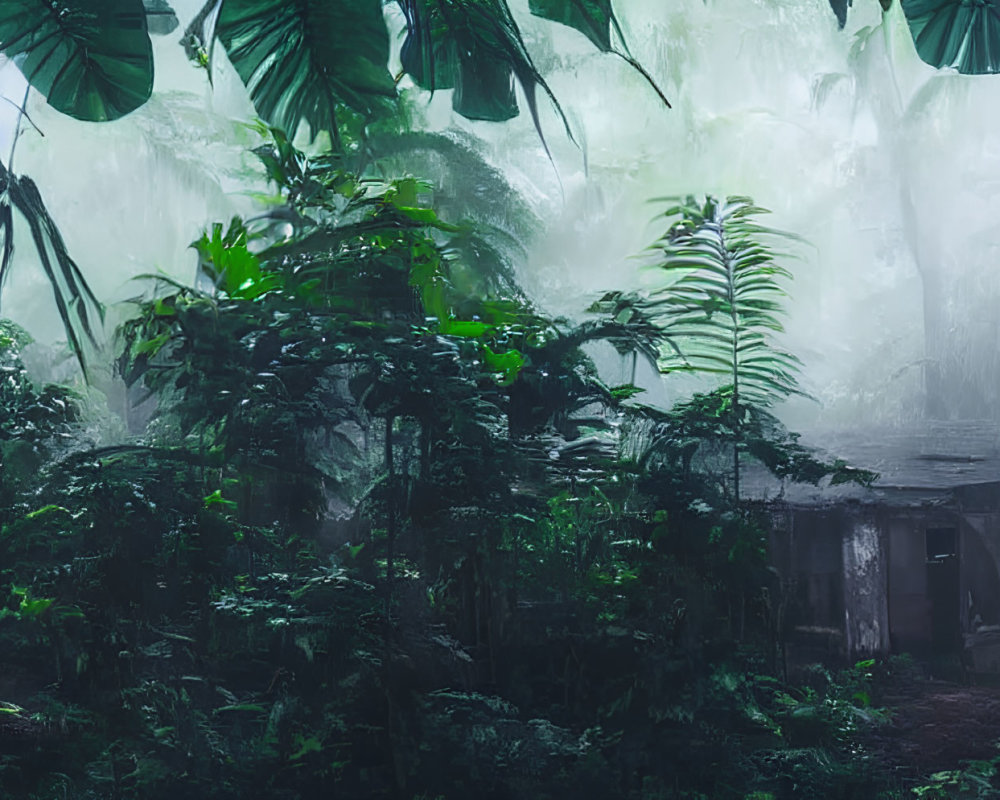 Abandoned hut in misty forest with lush green foliage