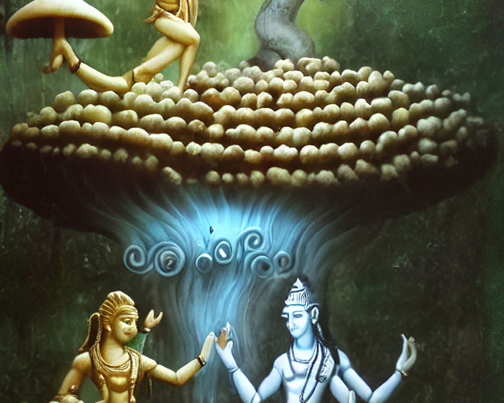 Stylized artwork of Hindu deities dancing under giant mushroom