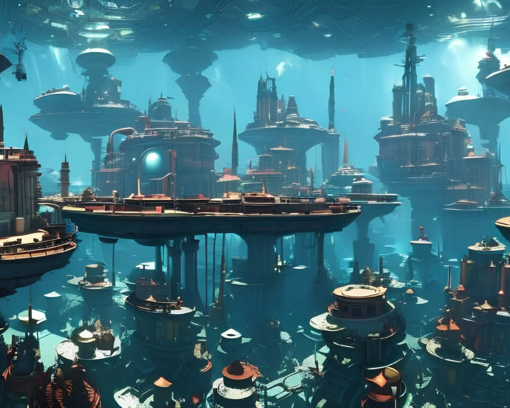 Futuristic cityscape with towering structures and floating platforms