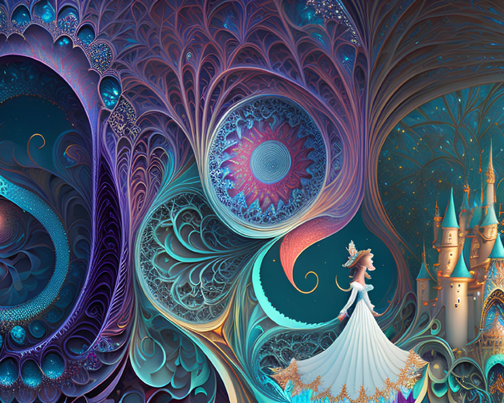 Colorful fractal design with castle and figure in white gown