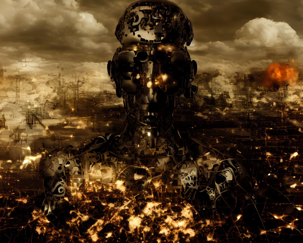 Robot in fiery post-apocalyptic landscape with burning buildings