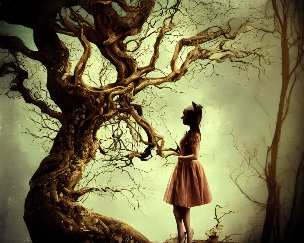 Person in dress under eerie tree in mystical forest with golden haze