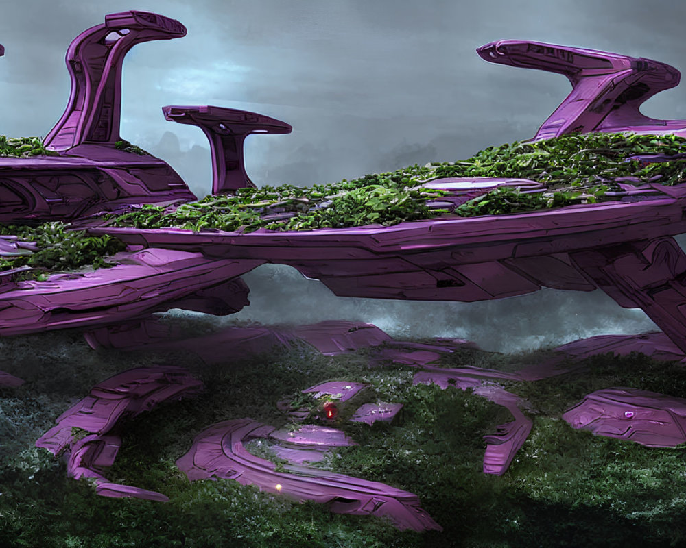 Fantastical landscape with purple mushroom structures under stormy sky