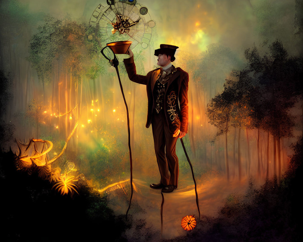 Whimsical character with celestial streetlamp in mystical forest