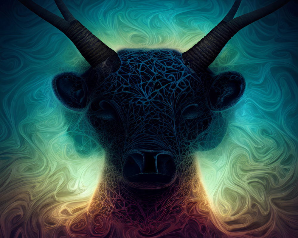 Colorful digital artwork of bull's head with fractal pattern on face in swirling background