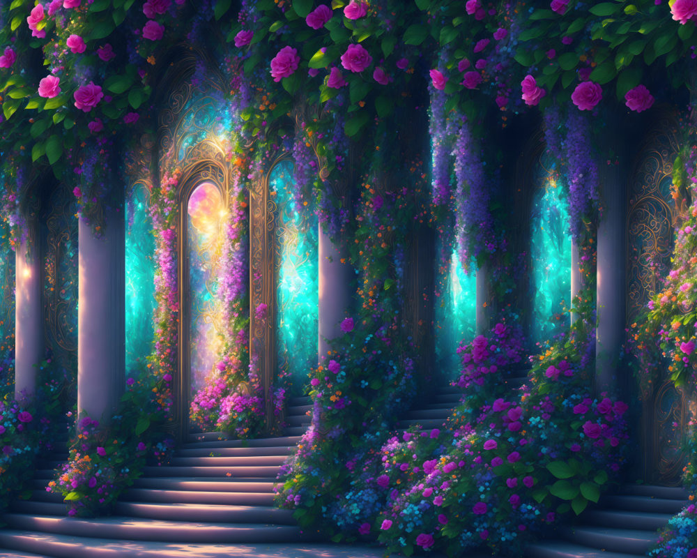 Enchanting forest with blooming flowers and mystical glow