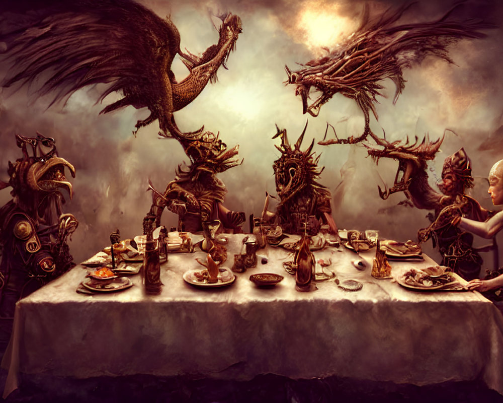 Fantasy banquet with animal-themed warriors, bald man, and flying creatures.