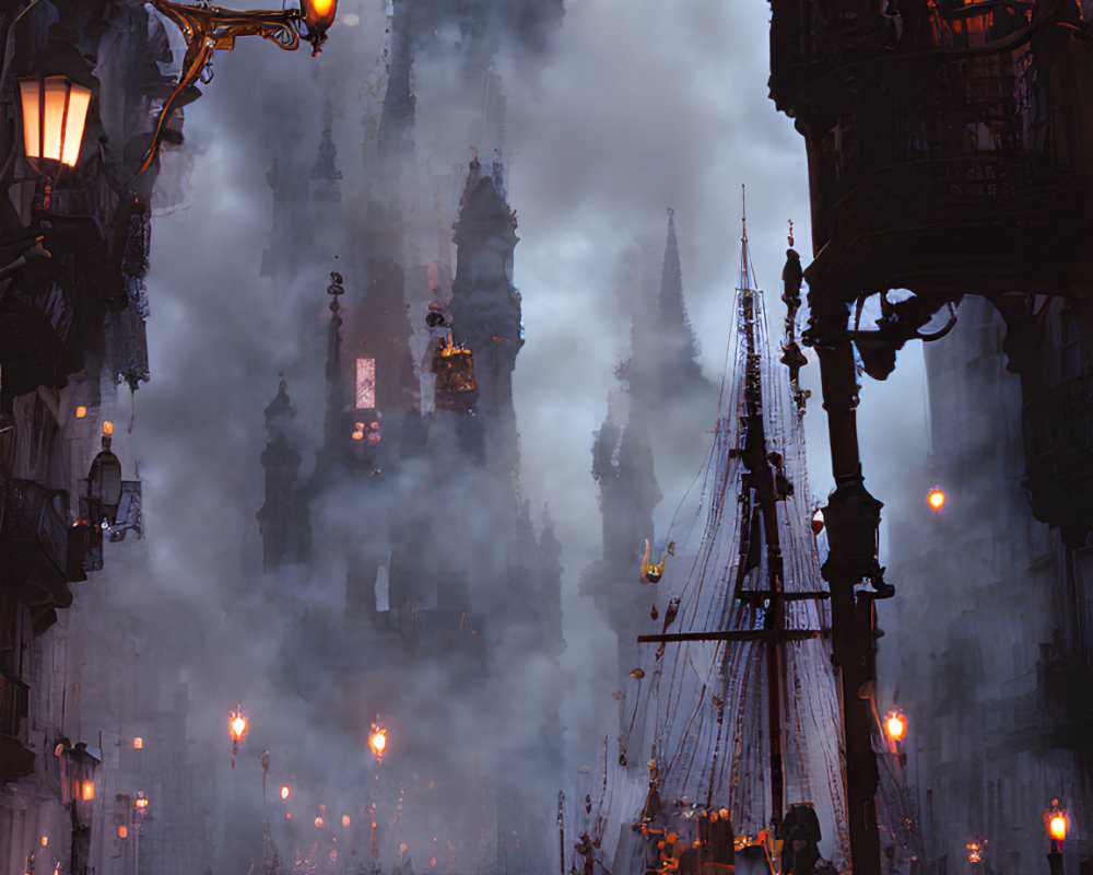 Gothic cityscape with cathedral, street lamps, and boats in foggy setting