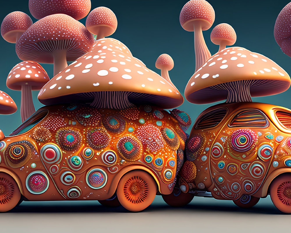 Colorful digital artwork: Cars transformed into mushroom structures