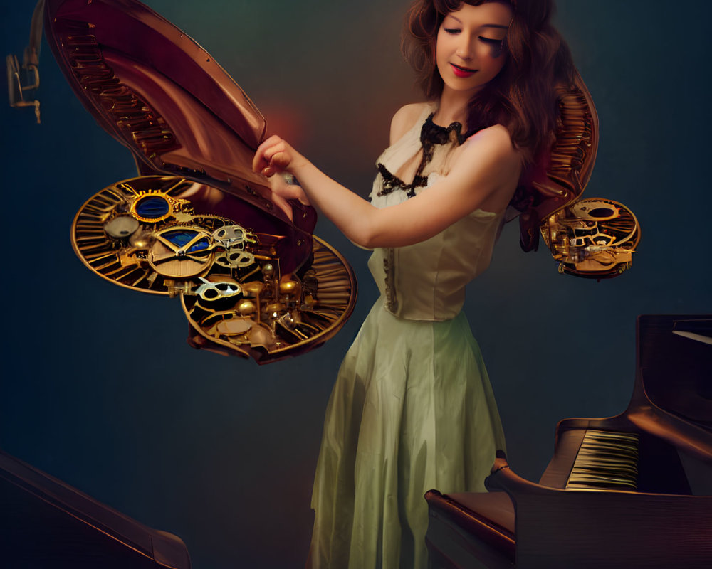 Vintage dress woman with steampunk piano and gears motif