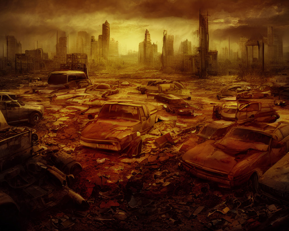 Desolate urban scene with rusted cars and crumbling skyscrapers