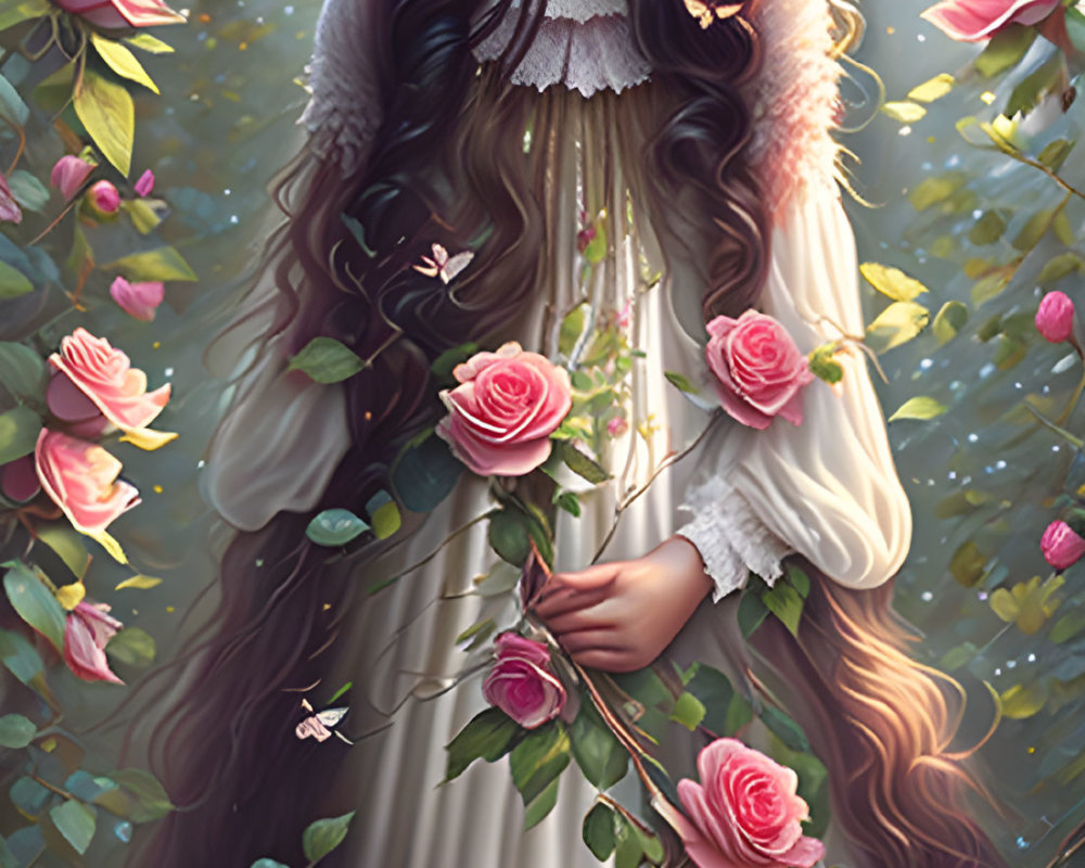 Illustration of young woman with long brown hair in rose-filled glade