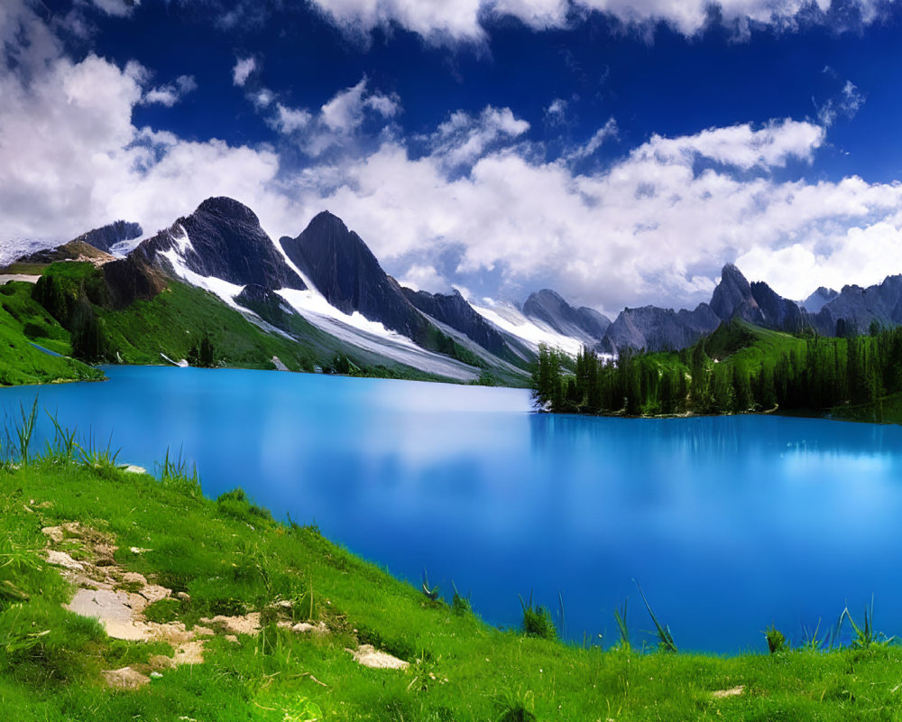 Serene blue mountain lake with lush green shores under bright sky