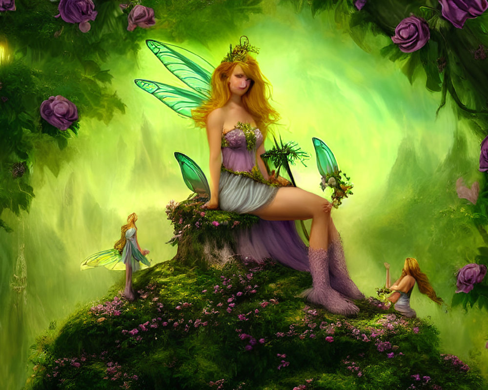 Regal fairy on mossy knoll with glowing lights and purple roses