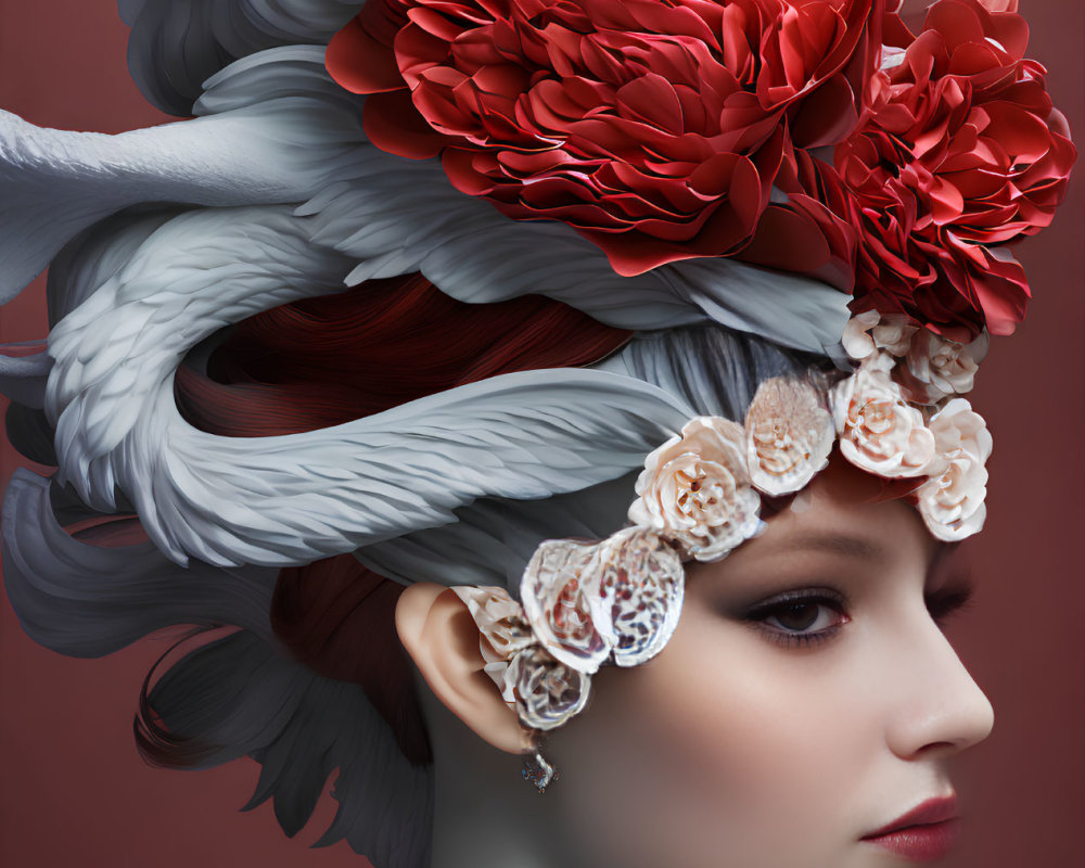 Portrait of Woman with Pale Skin and Red Flower Headdress on Red Background