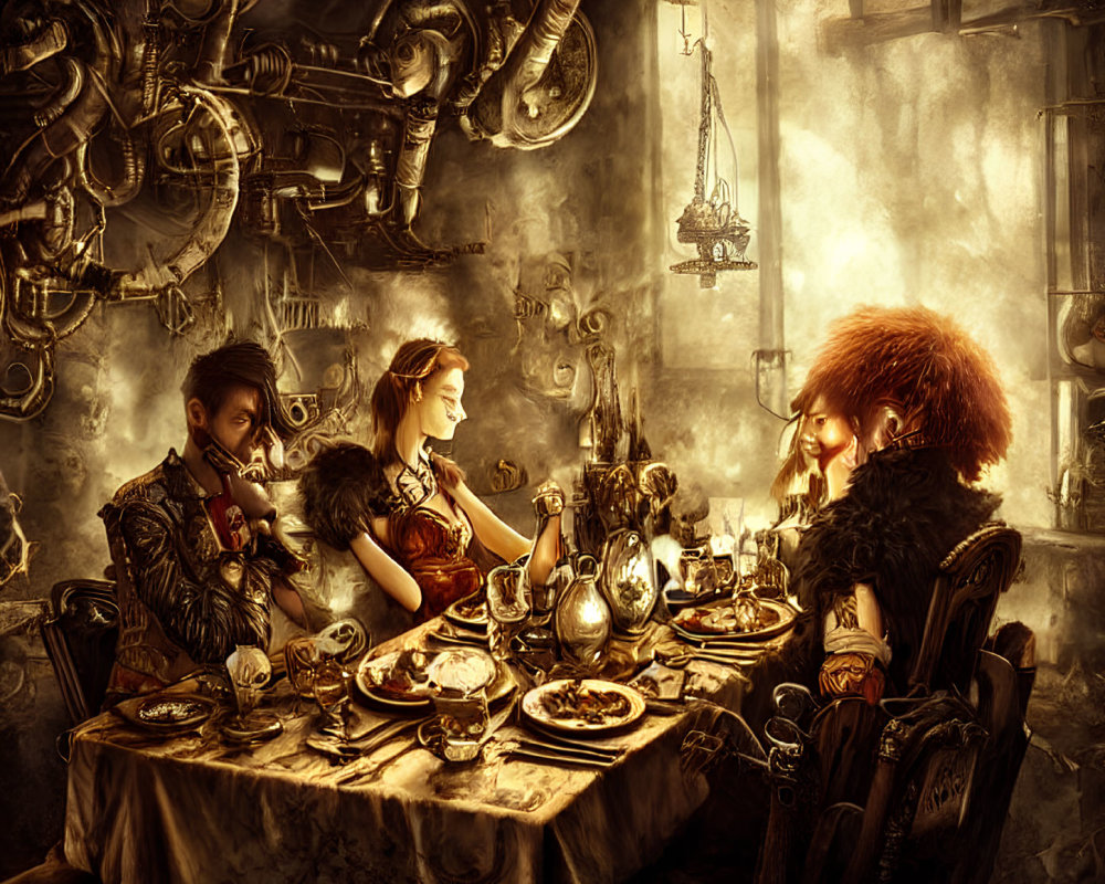 Elaborately costumed trio at ornate steampunk table