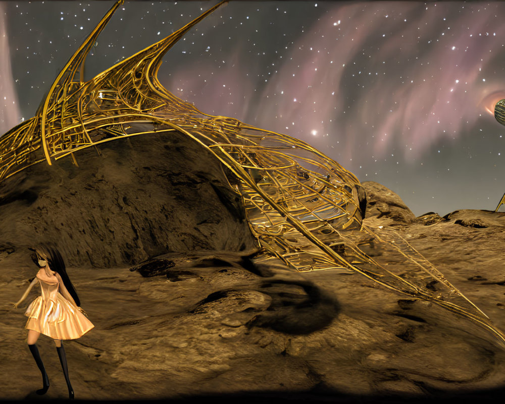 Person standing on rocky terrain with pink skies, golden structures, and distant planet.