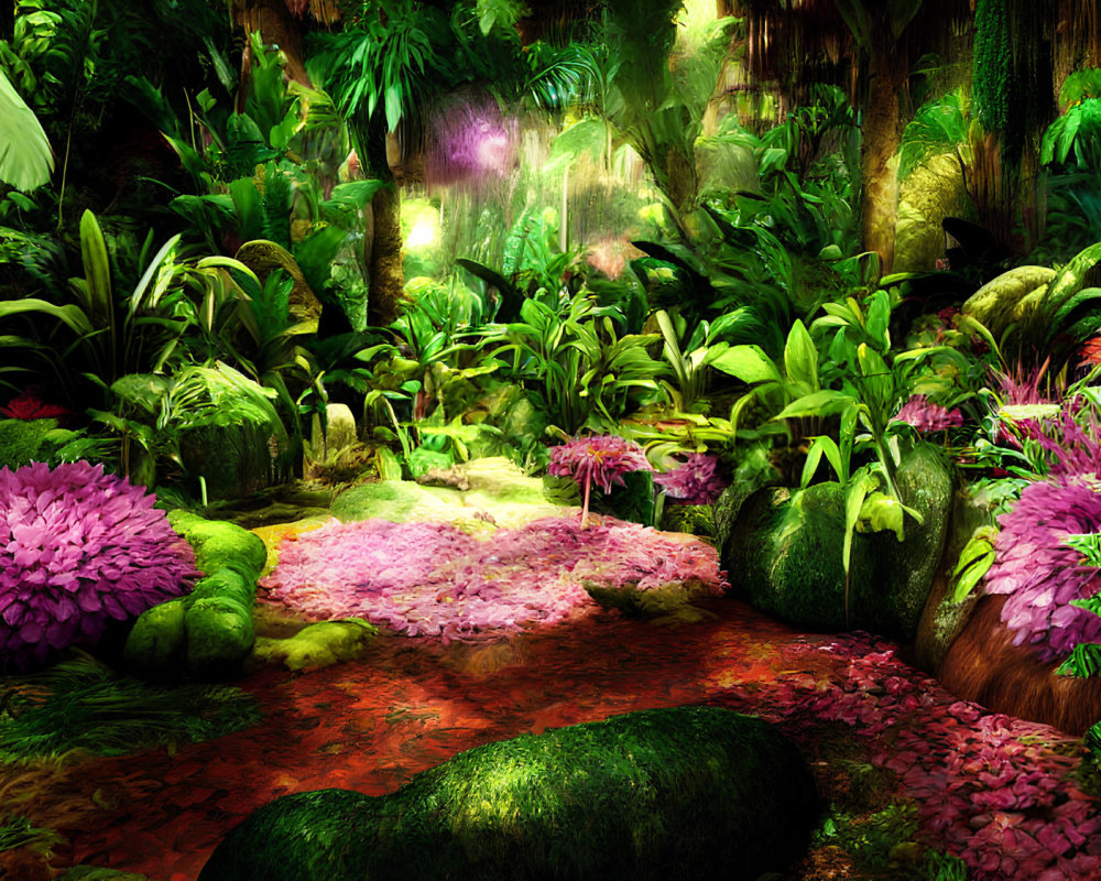 Vibrant jungle with crimson creek, moss-covered rocks & colorful flowers