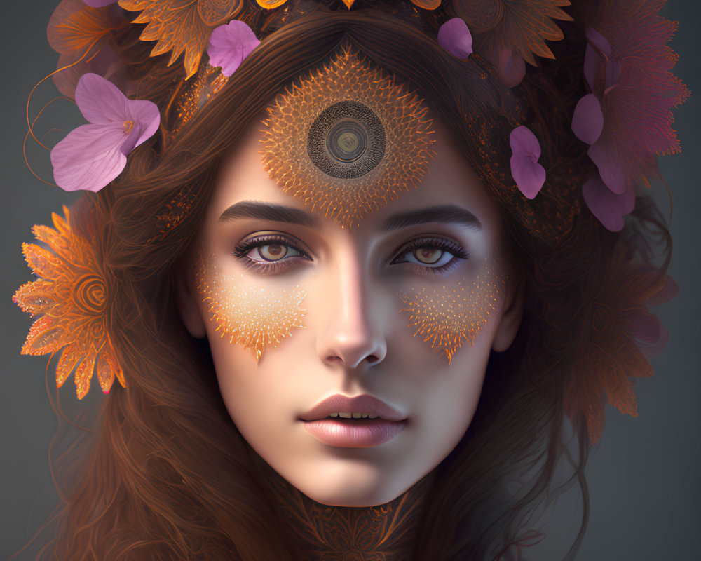 Woman with floral and mandala face designs exudes autumnal mystique