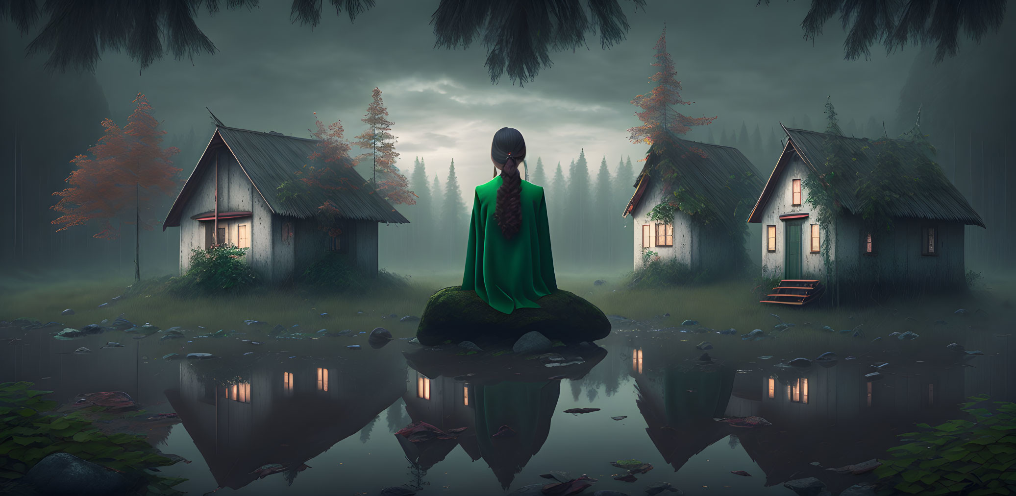 Meditating cloaked figure by calm waters and foggy forest landscape