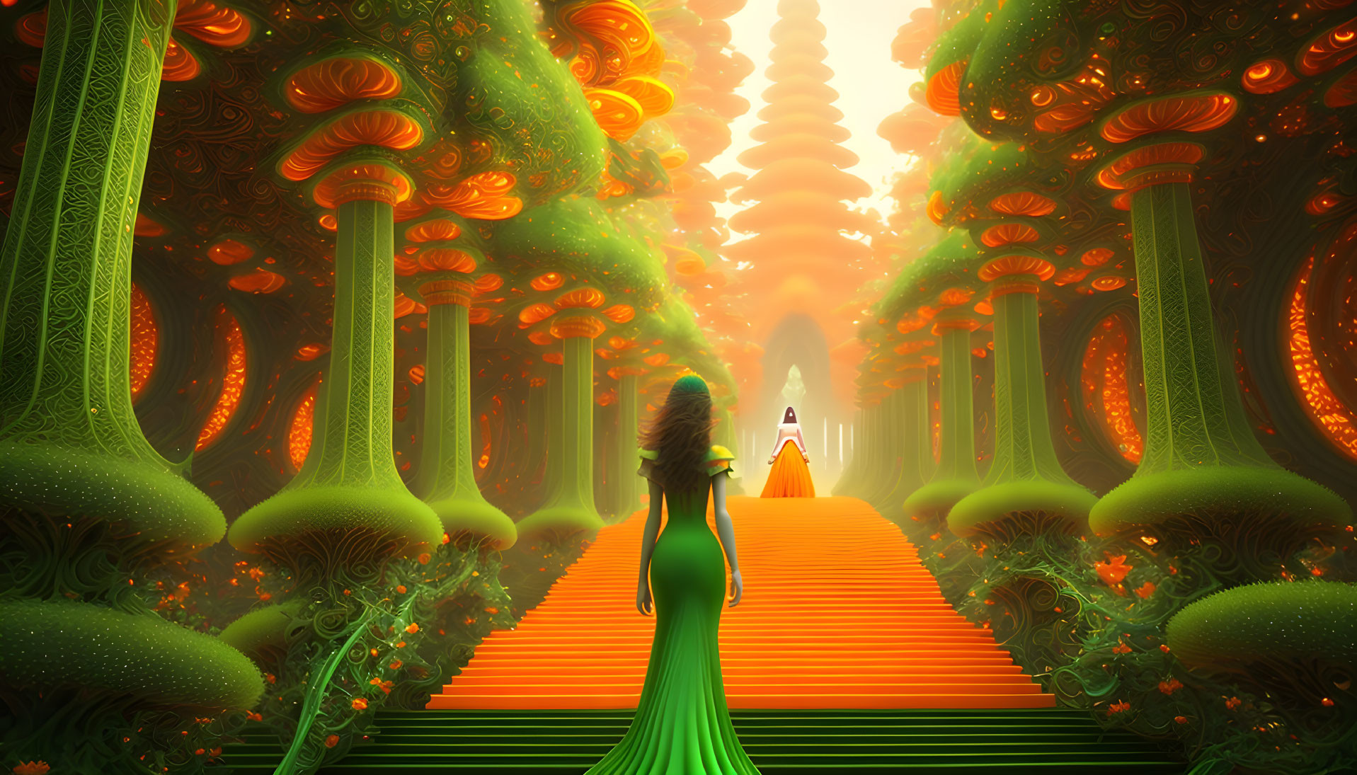 Woman in green dress at forest entrance with mushroom trees