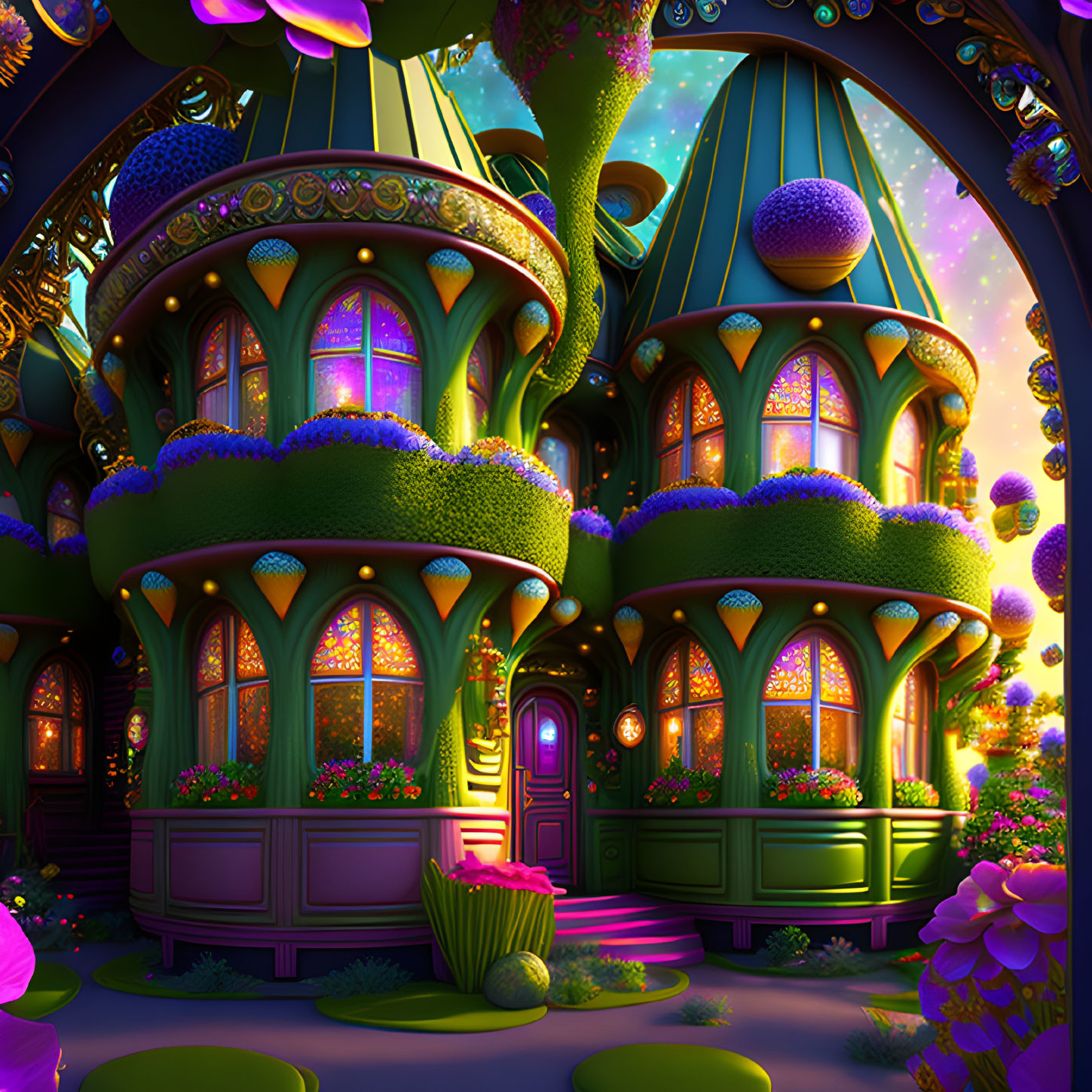 Colorful Fairy-Tale Houses in Magical Garden at Twilight