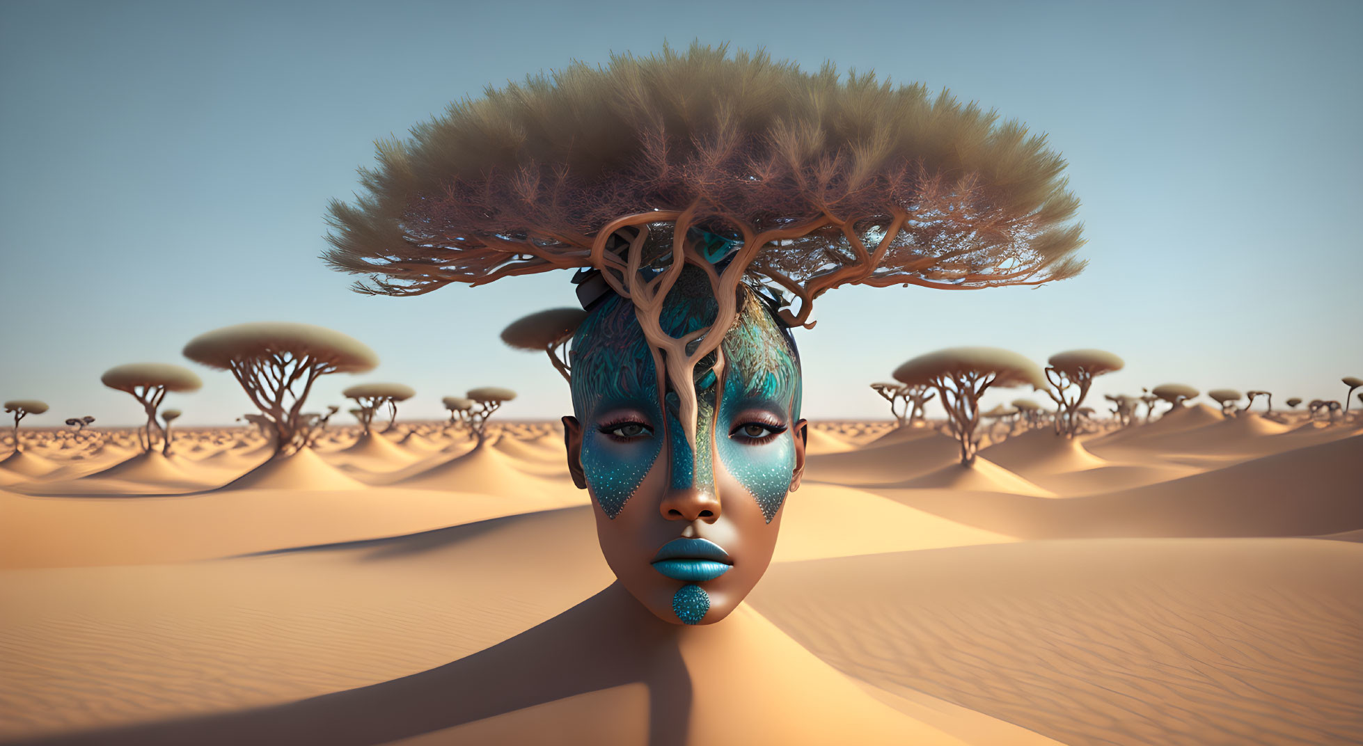 Surreal desert landscape with human face, tree, and dune-shaped trees