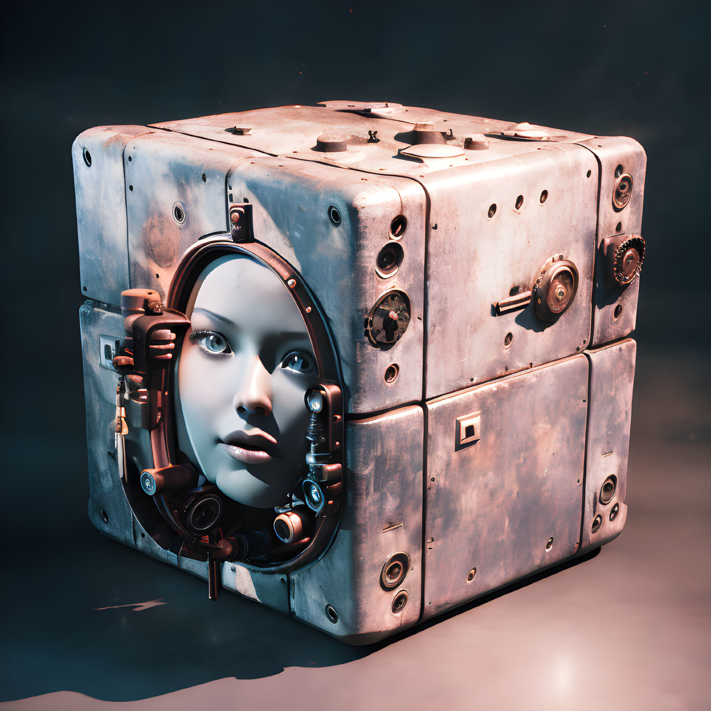 Metallic cube with realistic female face on dark background