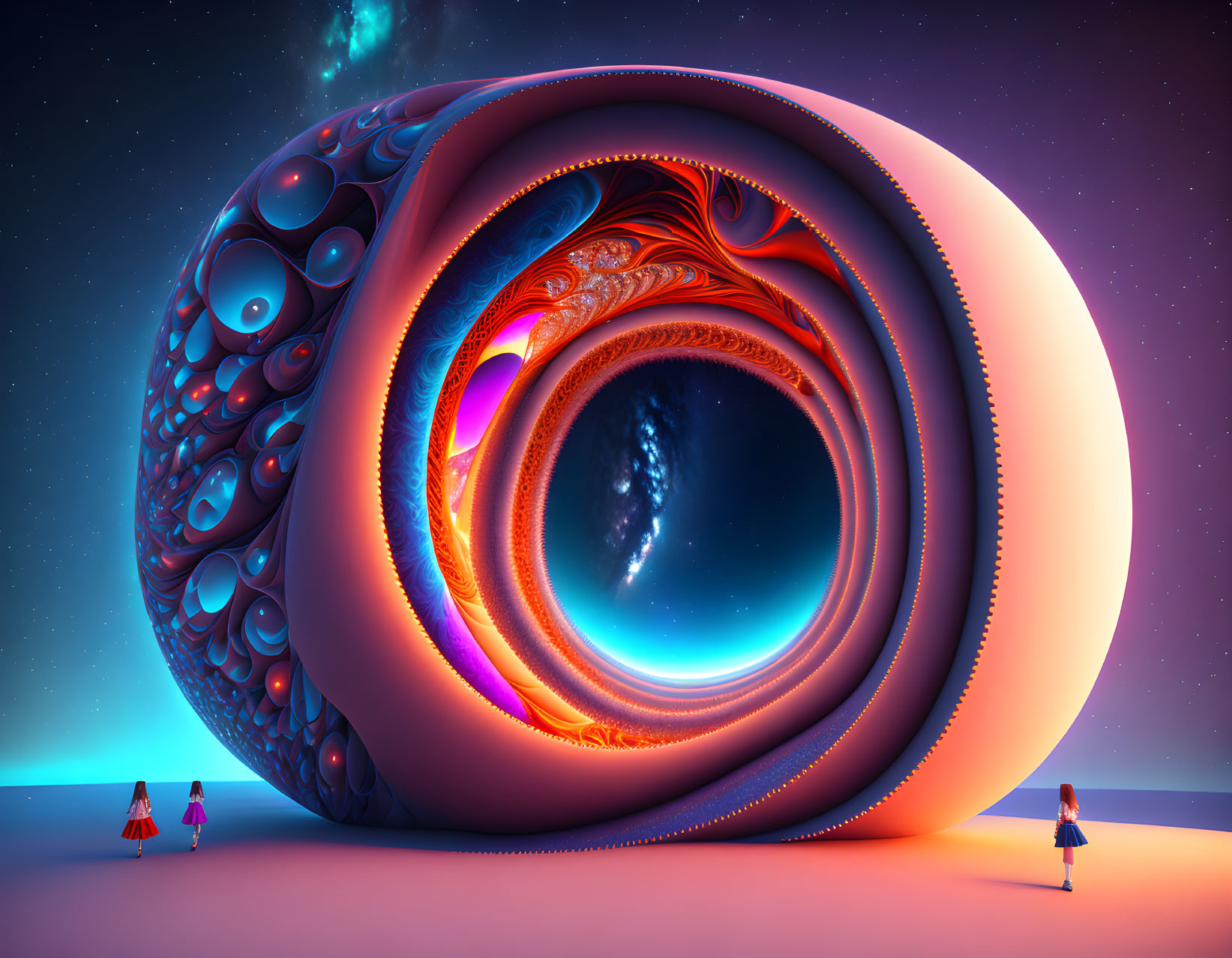 Surreal illustration: People observing colorful wormhole in dusk sky