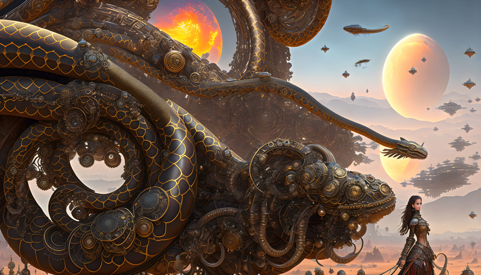 Fantasy landscape with woman, mechanical dragons, floating islands, twin suns/moons in dusk sky