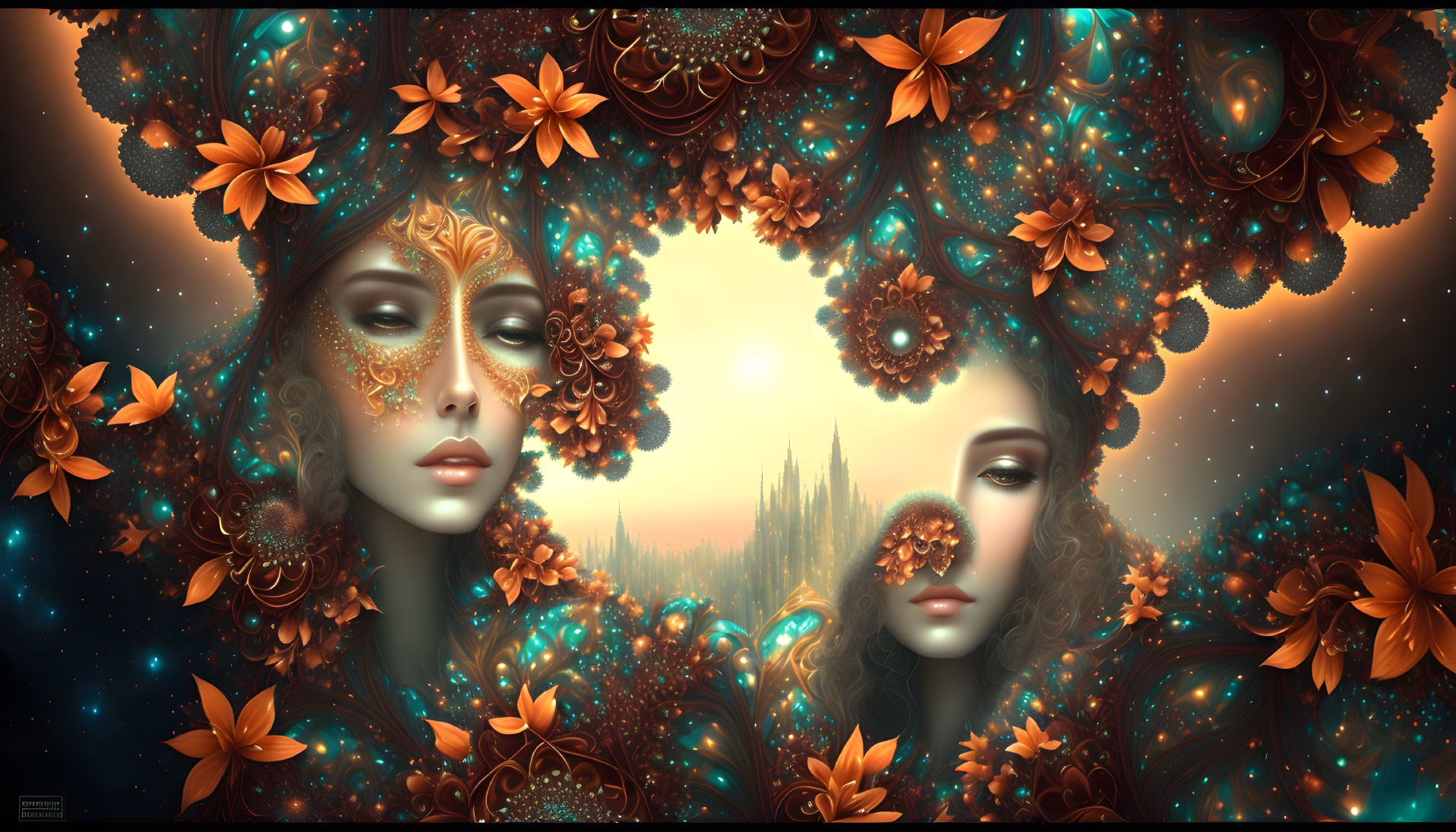 Symmetrical female faces with floral elements in surreal landscape