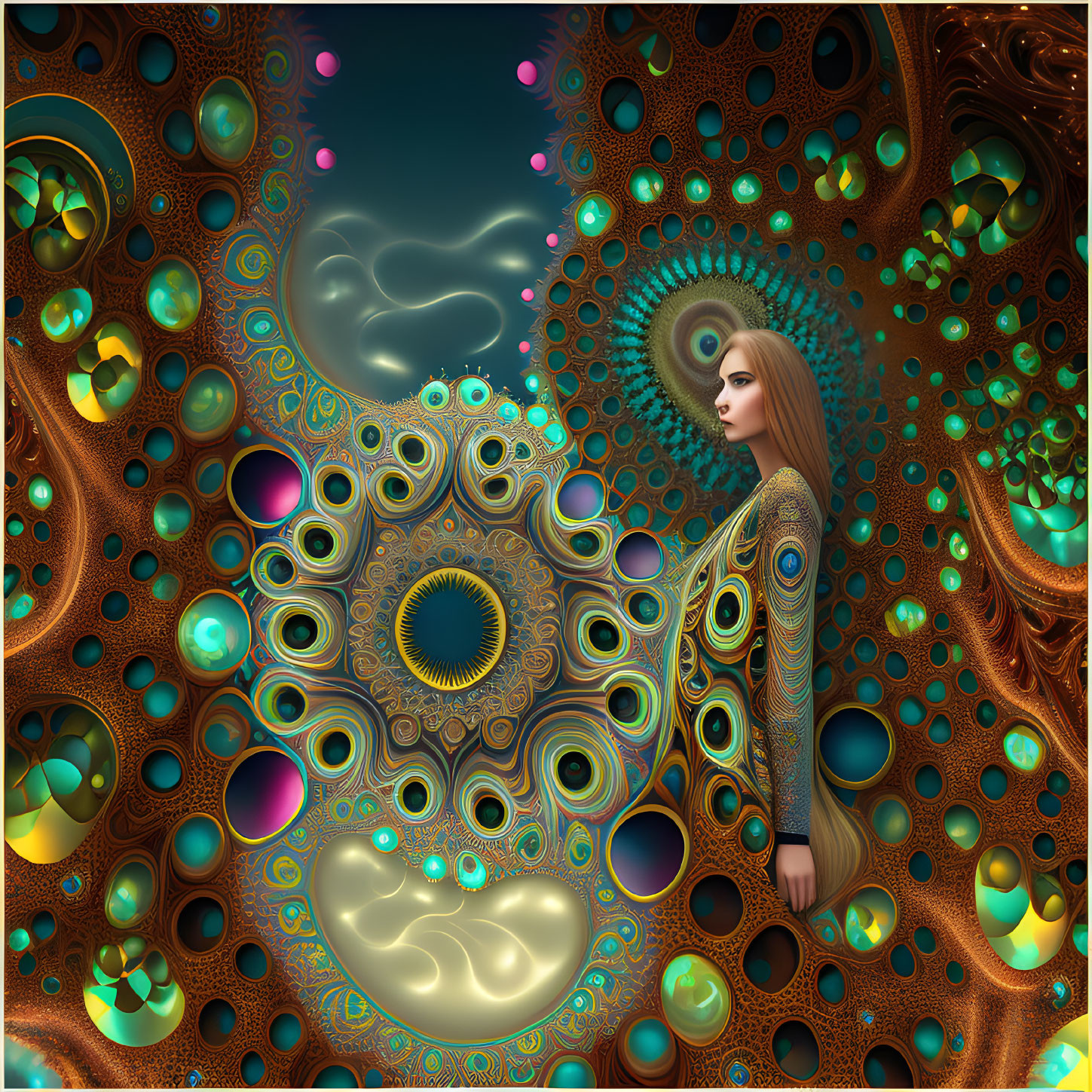 Colorful surreal portrait of a woman in vibrant, fractal surroundings