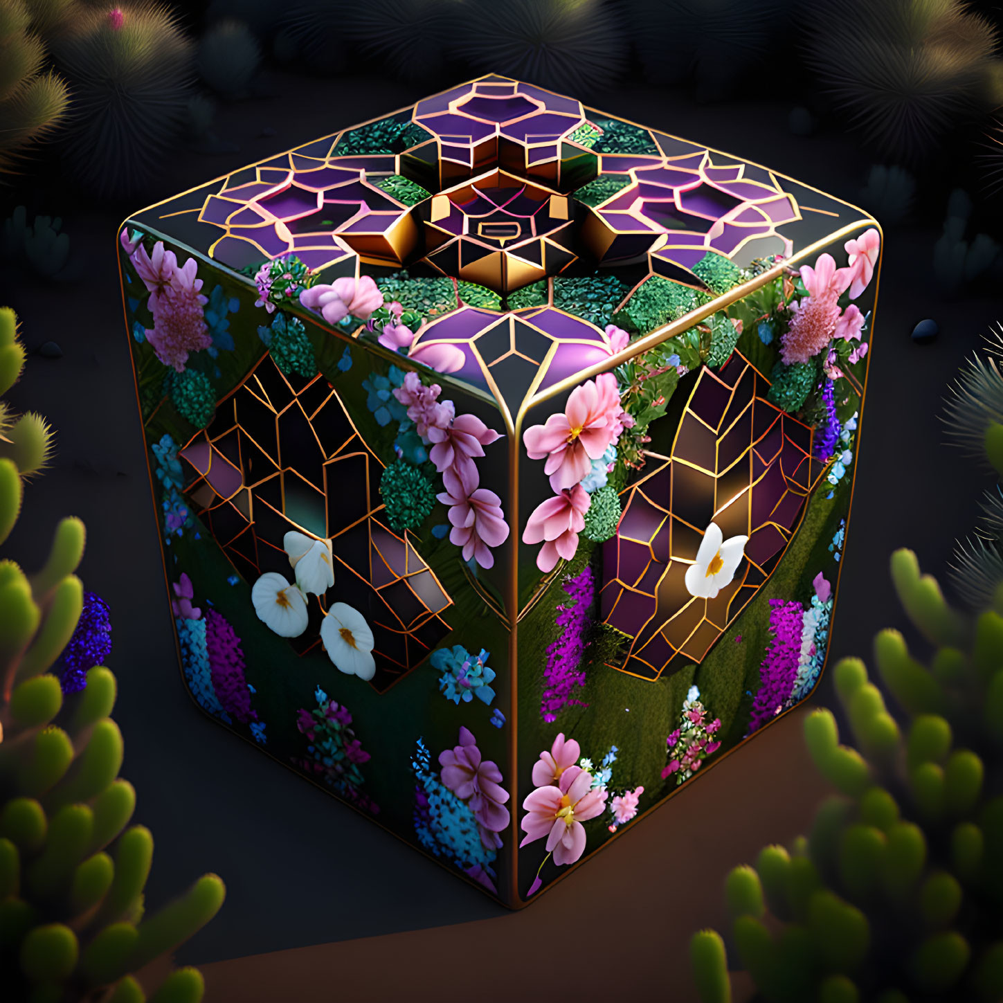 3D-rendered puzzle cube with flowers and geometric patterns in cactus landscape