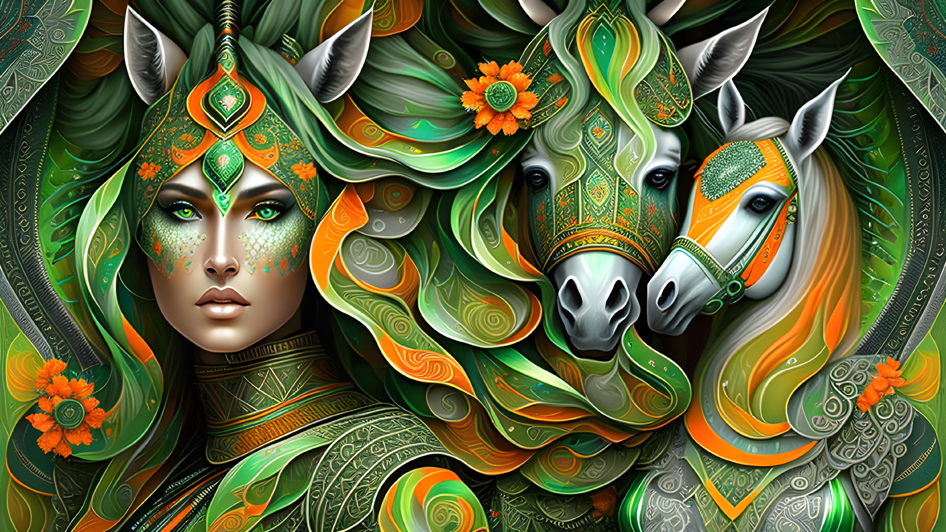 Detailed artwork of woman with green eyes, ornate headdress, horses, and intricate patterns.