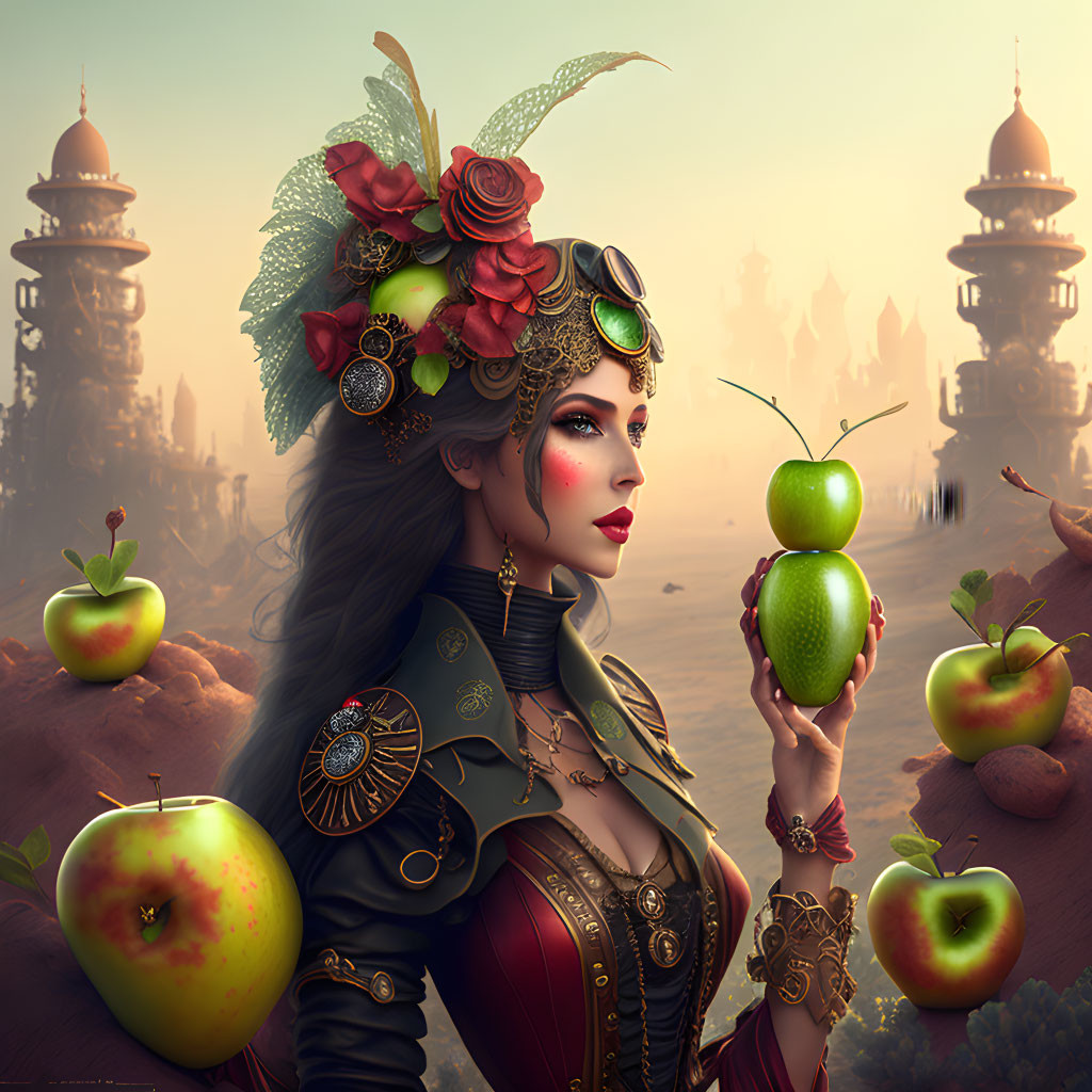 Fantasy artwork: Woman with apple headdress in whimsical setting