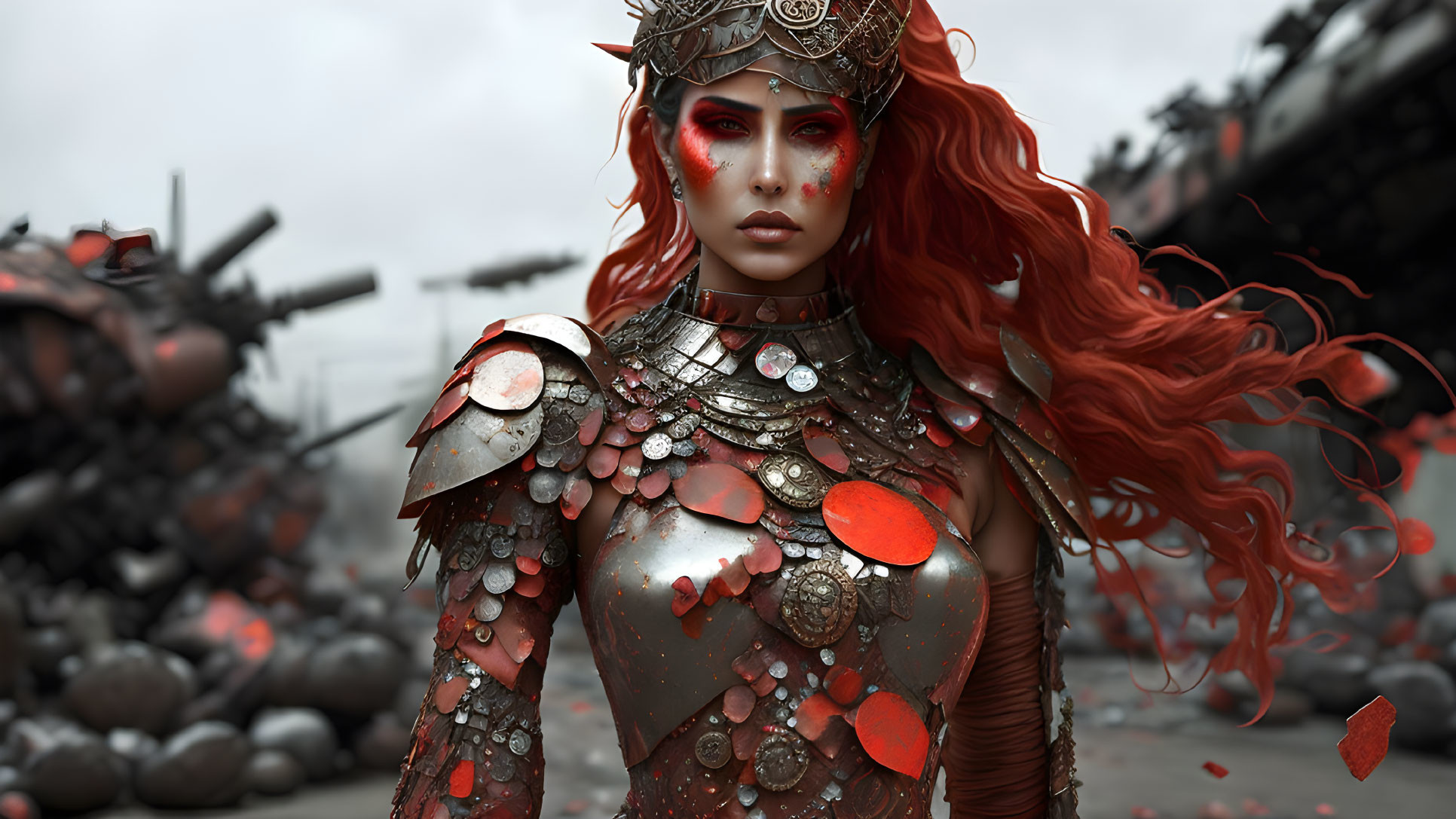 Vibrant red-haired woman in battle-worn armor with striking makeup